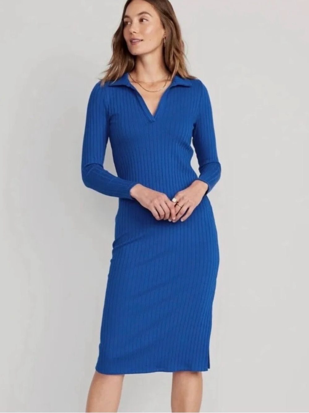 NWT Old Navy Royal Blue Ribbed Midi Dress Long Sleeve with Collar